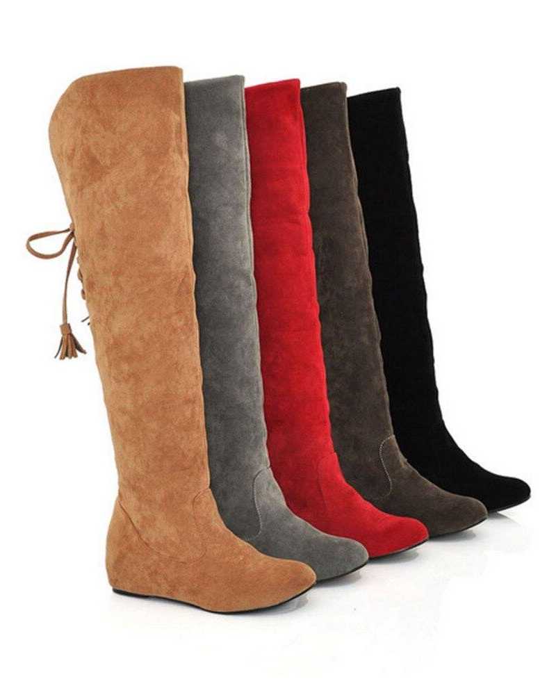 Sexy Womens Boots Faux Suede Over The Knee Flat Warm Boots Comfortable Thigh High Boots Lace up Woman Winter Shoes High Quality