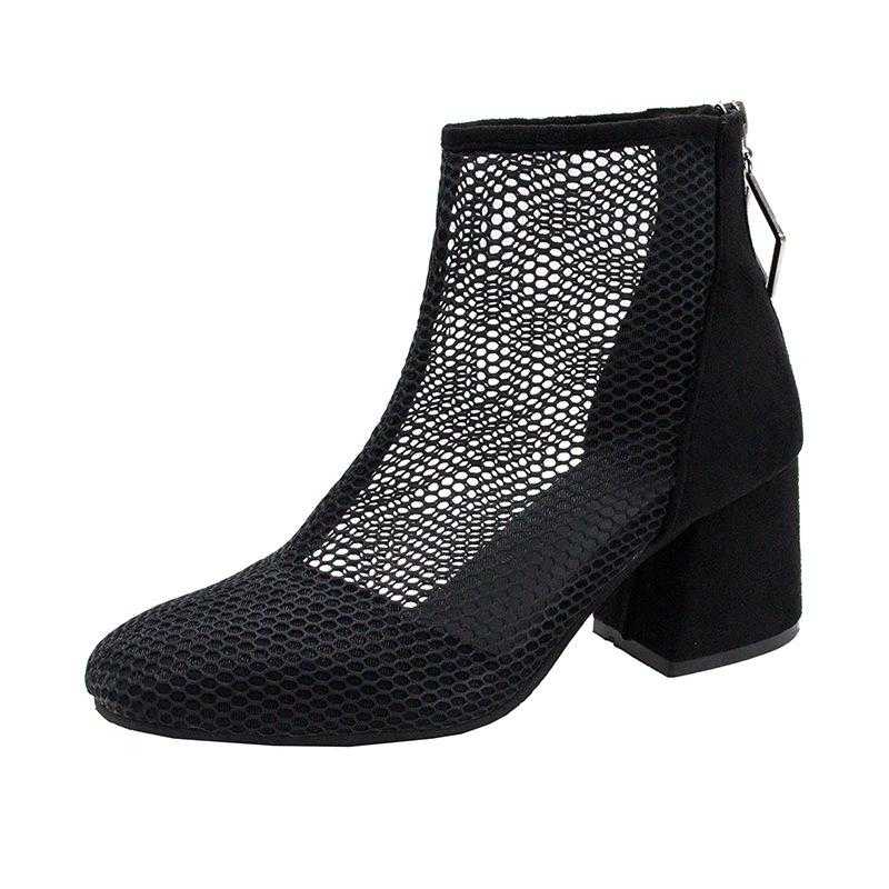 High heeled Mesh Yarn Cool Boots Women Thick Heels Summer New High top Rear Zipper Square Head Breathable Women's Boots