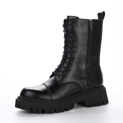 Winter Fashion Women's Boots Lace Up Mid Calf Round Head Women Boots Black Square Heel Mid Heel Pu Women Shoes Botas Mujer